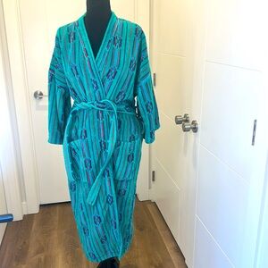 Vintage 90s Bathrobe Boho Southwestern Striped 100% Cotton Terrycloth
